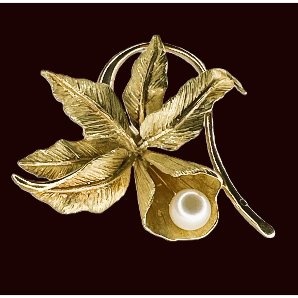 18k Gold Orchid Leaf Brooch With Pearl Accent Swiss Hallmark 103 Grams